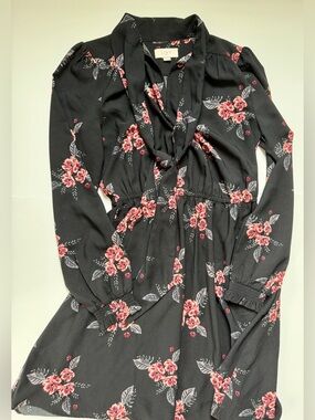 LOFT Black Pink Floral Tie Neck Smocked Waist Work Dress Size XS (Outlet)